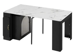 Ilha de cozinha - com USB e LED - com mesa de jantar removível e extensível - textura de mármore - com 1 porta - preto + branco