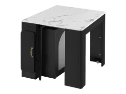 Ilha de cozinha - com USB e LED - com mesa de jantar removível e extensível - textura de mármore - com 1 porta - preto + branco