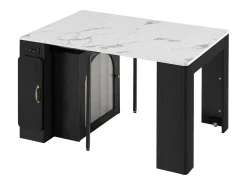 Ilha de cozinha - com USB e LED - com mesa de jantar removível e extensível - textura de mármore - com 1 porta - preto + branco