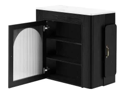 Ilha de cozinha - com USB e LED - com mesa de jantar removível e extensível - textura de mármore - com 1 porta - preto + branco