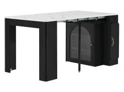 Ilha de cozinha - com USB e LED - com mesa de jantar removível e extensível - textura de mármore - com 1 porta - preto + branco
