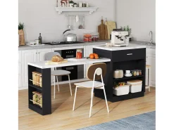 Ilha de cozinha - com USB - com 2 portas e 2 gavetas - Tampo extensível - Prateleiras abertas - Branco+preto