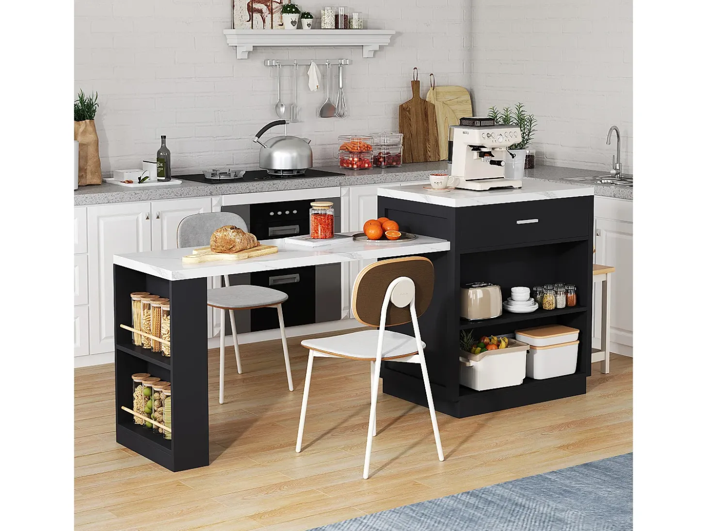 Ilha de cozinha - com USB - com 2 portas e 2 gavetas - Tampo extensível - Prateleiras abertas - Branco+preto