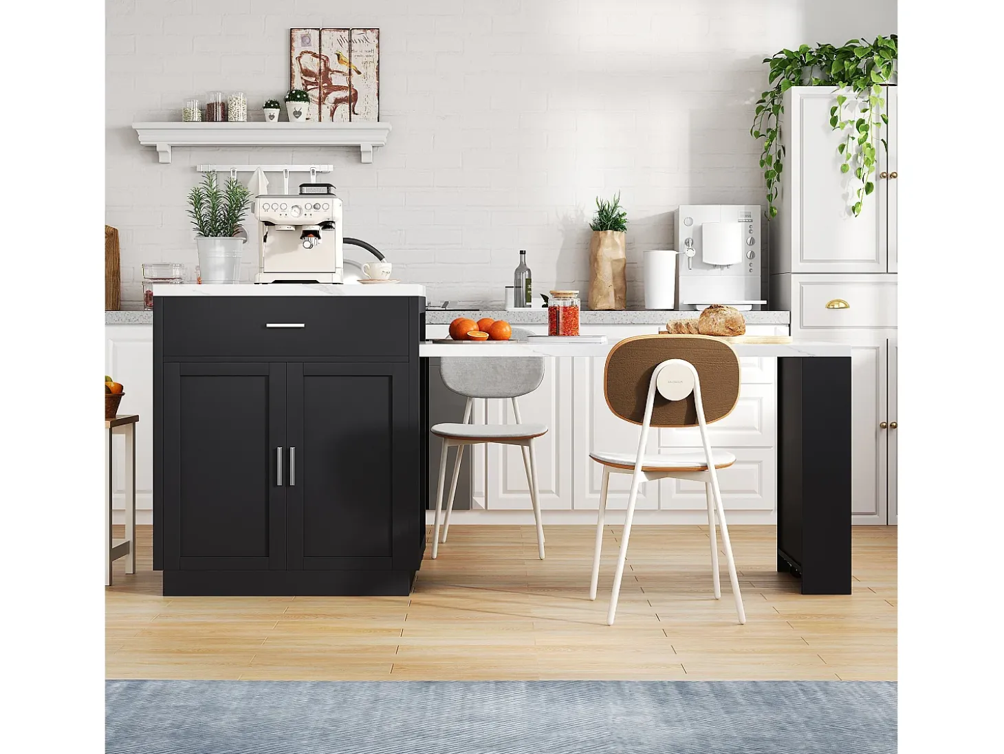 Ilha de cozinha - com USB - com 2 portas e 2 gavetas - Tampo extensível - Prateleiras abertas - Branco+preto