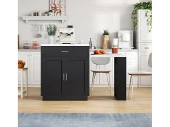 Ilha de cozinha - com USB - com 2 portas e 2 gavetas - Tampo extensível - Prateleiras abertas - Branco+preto