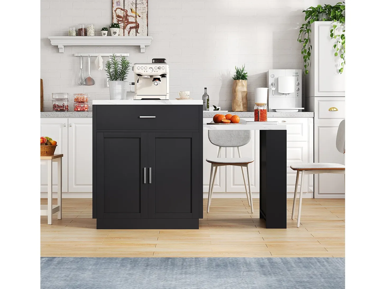 Ilha de cozinha - com USB - com 2 portas e 2 gavetas - Tampo extensível - Prateleiras abertas - Branco+preto