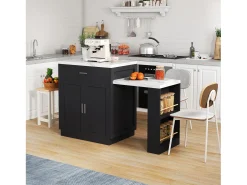 Ilha de cozinha - com USB - com 2 portas e 2 gavetas - Tampo extensível - Prateleiras abertas - Branco+preto