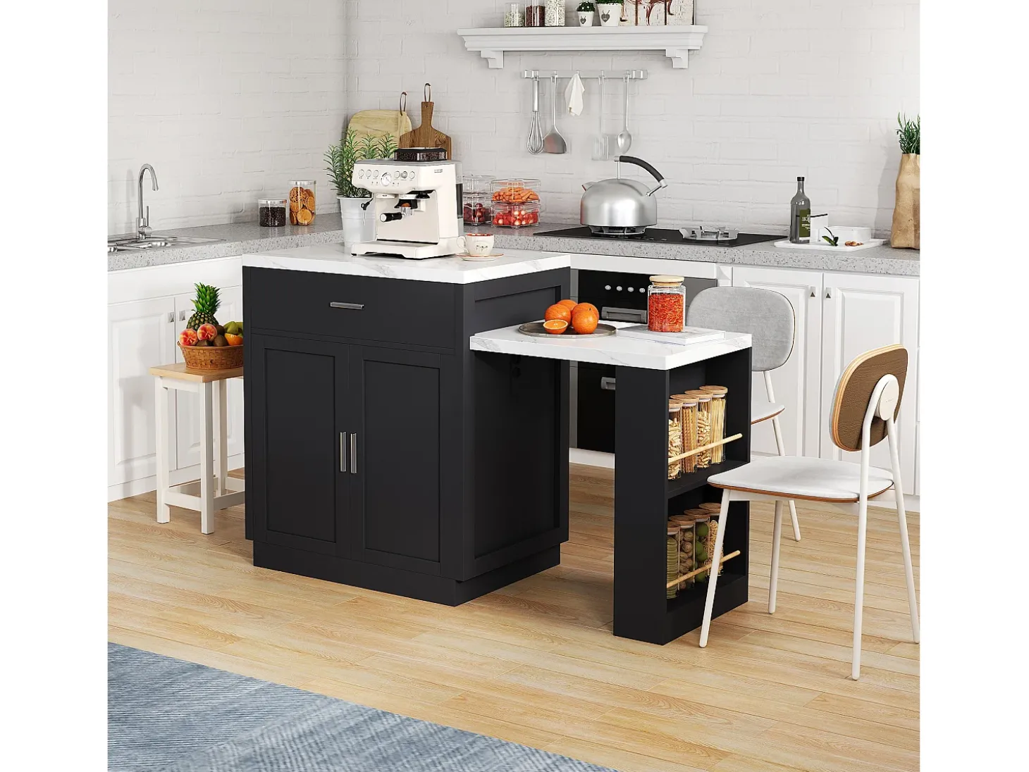 Ilha de cozinha - com USB - com 2 portas e 2 gavetas - Tampo extensível - Prateleiras abertas - Branco+preto