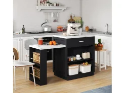 Ilha de cozinha - com USB - com 2 portas e 2 gavetas - Tampo extensível - Prateleiras abertas - Branco+preto