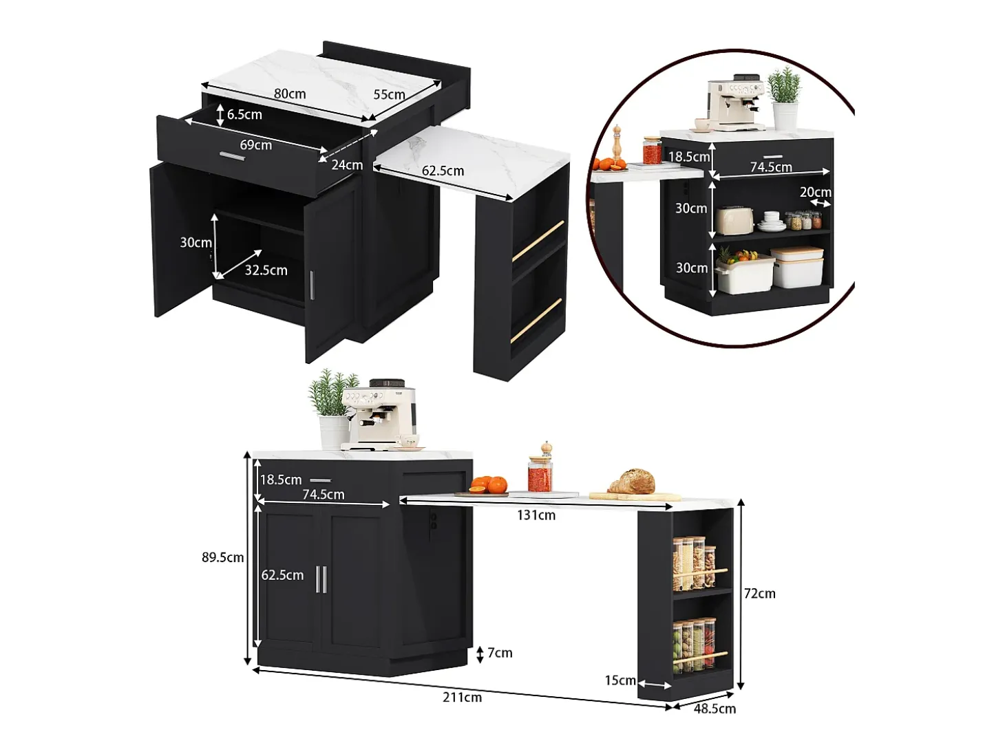 Ilha de cozinha - com USB - com 2 portas e 2 gavetas - Tampo extensível - Prateleiras abertas - Branco+preto