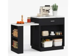 Ilha de cozinha - com USB - com 2 portas e 2 gavetas - Tampo extensível - Prateleiras abertas - Branco+preto