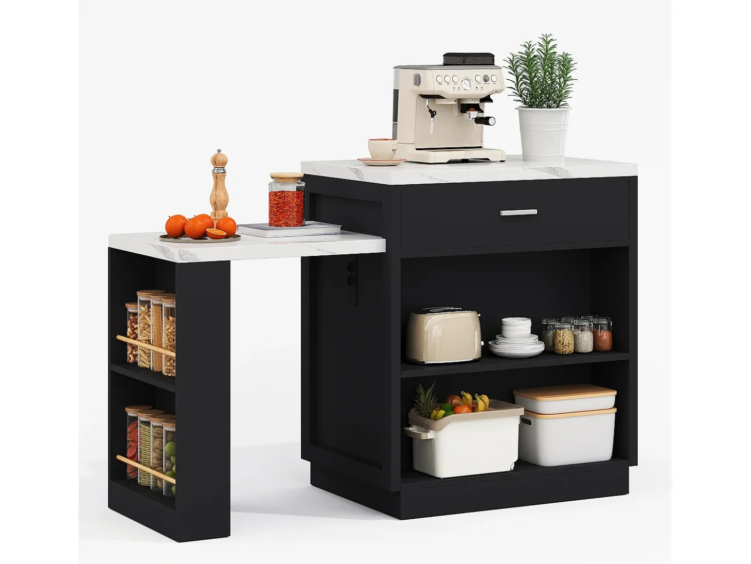 Ilha de cozinha - com USB - com 2 portas e 2 gavetas - Tampo extensível - Prateleiras abertas - Branco+preto