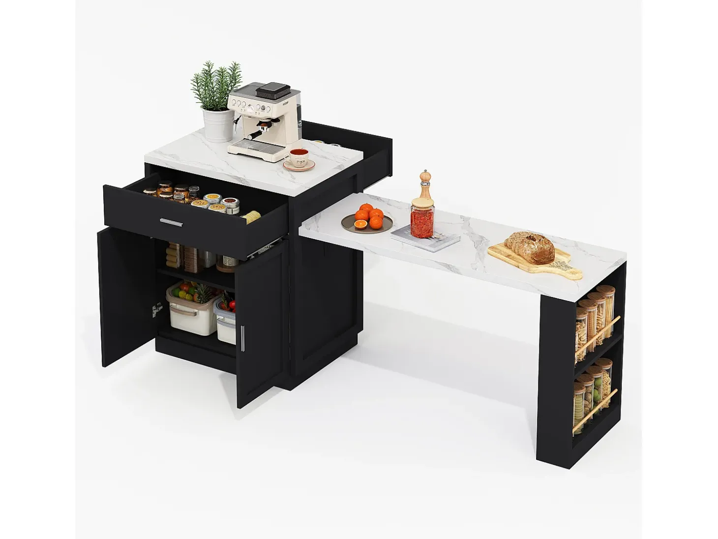 Ilha de cozinha - com USB - com 2 portas e 2 gavetas - Tampo extensível - Prateleiras abertas - Branco+preto