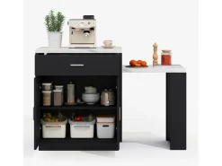 Ilha de cozinha - com USB - com 2 portas e 2 gavetas - Tampo extensível - Prateleiras abertas - Branco+preto