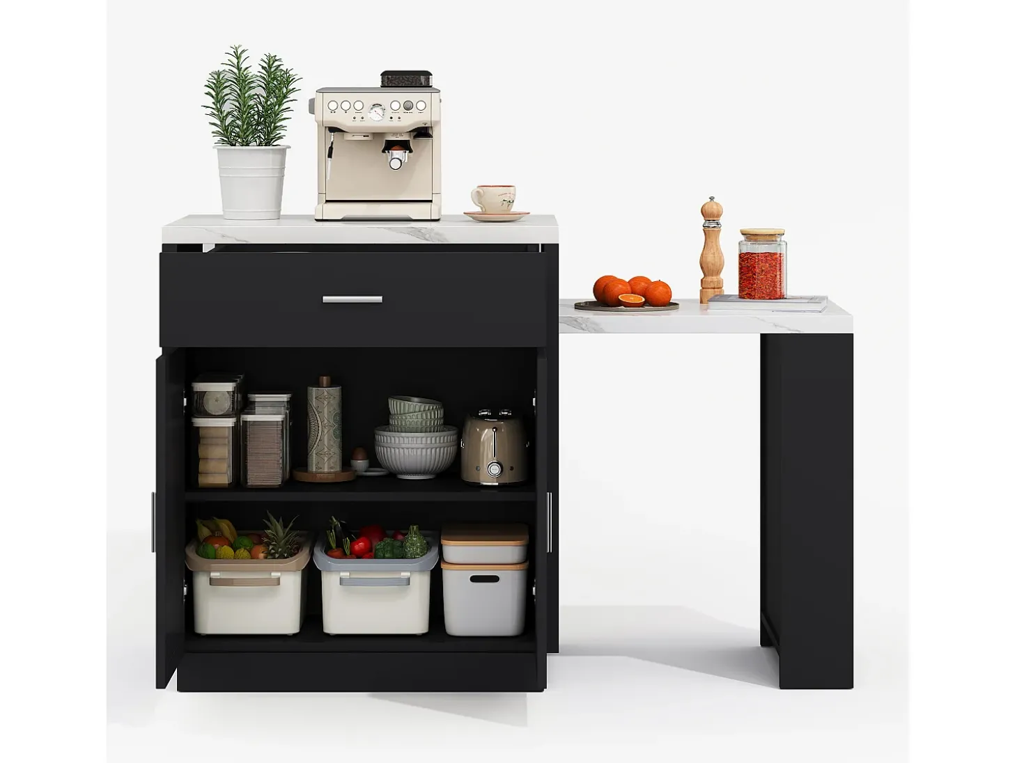 Ilha de cozinha - com USB - com 2 portas e 2 gavetas - Tampo extensível - Prateleiras abertas - Branco+preto