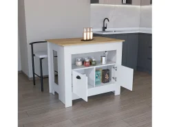 Ilha de cozinha Arlet em melamina com 2 portas e 3 prateleiras, Branco / Macadâmia , 89,9 cm X 103 cm X 70 cm