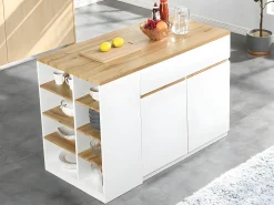 Ilha de cozinha atemporal - MDF - 130 cm de comprimento - Branco e Natural - MEILI