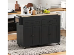 Ilha de cozinha central - com 4 portas e 2 gavetas - bancada extensível - com rodízios - 180,5×45×92,2 cm - Preto