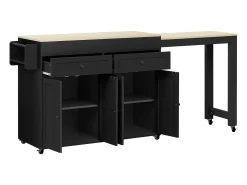 Ilha de cozinha central - com 4 portas e 2 gavetas - bancada extensível - com rodízios - 180,5×45×92,2 cm - Preto