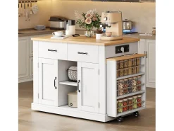 Ilha de cozinha central - mesa de jantar extensível - con tomada de corriente - con rodas e espaço de armazenamento - Natural + Branco