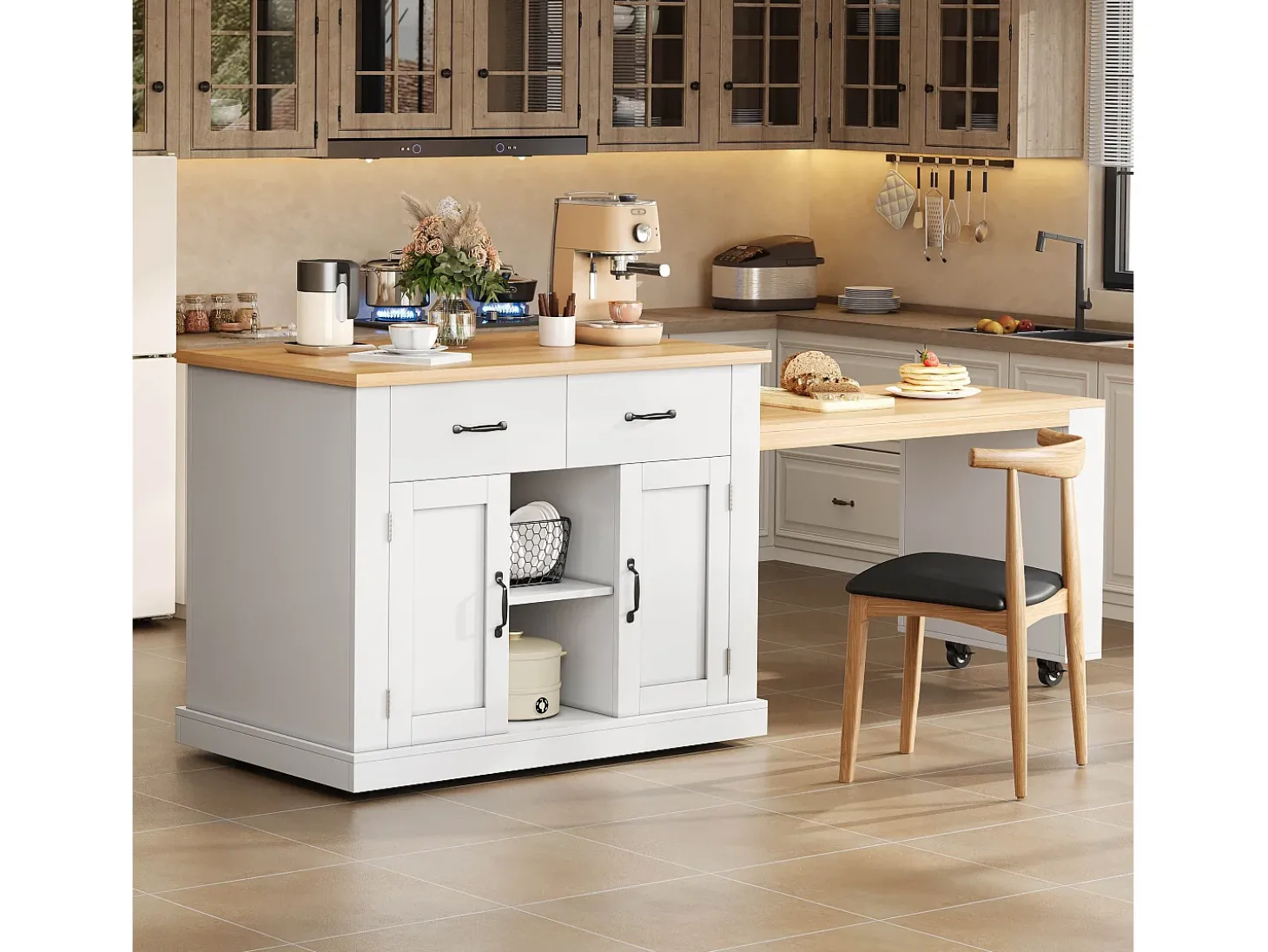 Ilha de cozinha central - mesa de jantar extensível - con tomada de corriente - con rodas e espaço de armazenamento - Natural + Branco