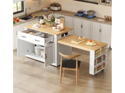 Ilha de cozinha central - mesa de jantar extensível - con tomada de corriente - con rodas e espaço de armazenamento - Natural + Branco