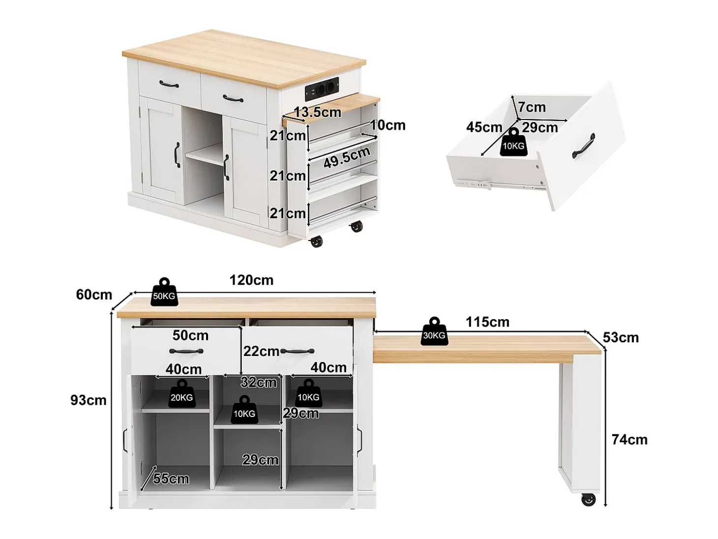 Ilha de cozinha central - mesa de jantar extensível - con tomada de corriente - con rodas e espaço de armazenamento - Natural + Branco