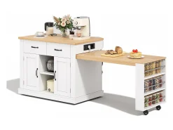 Ilha de cozinha central - mesa de jantar extensível - con tomada de corriente - con rodas e espaço de armazenamento - Natural + Branco
