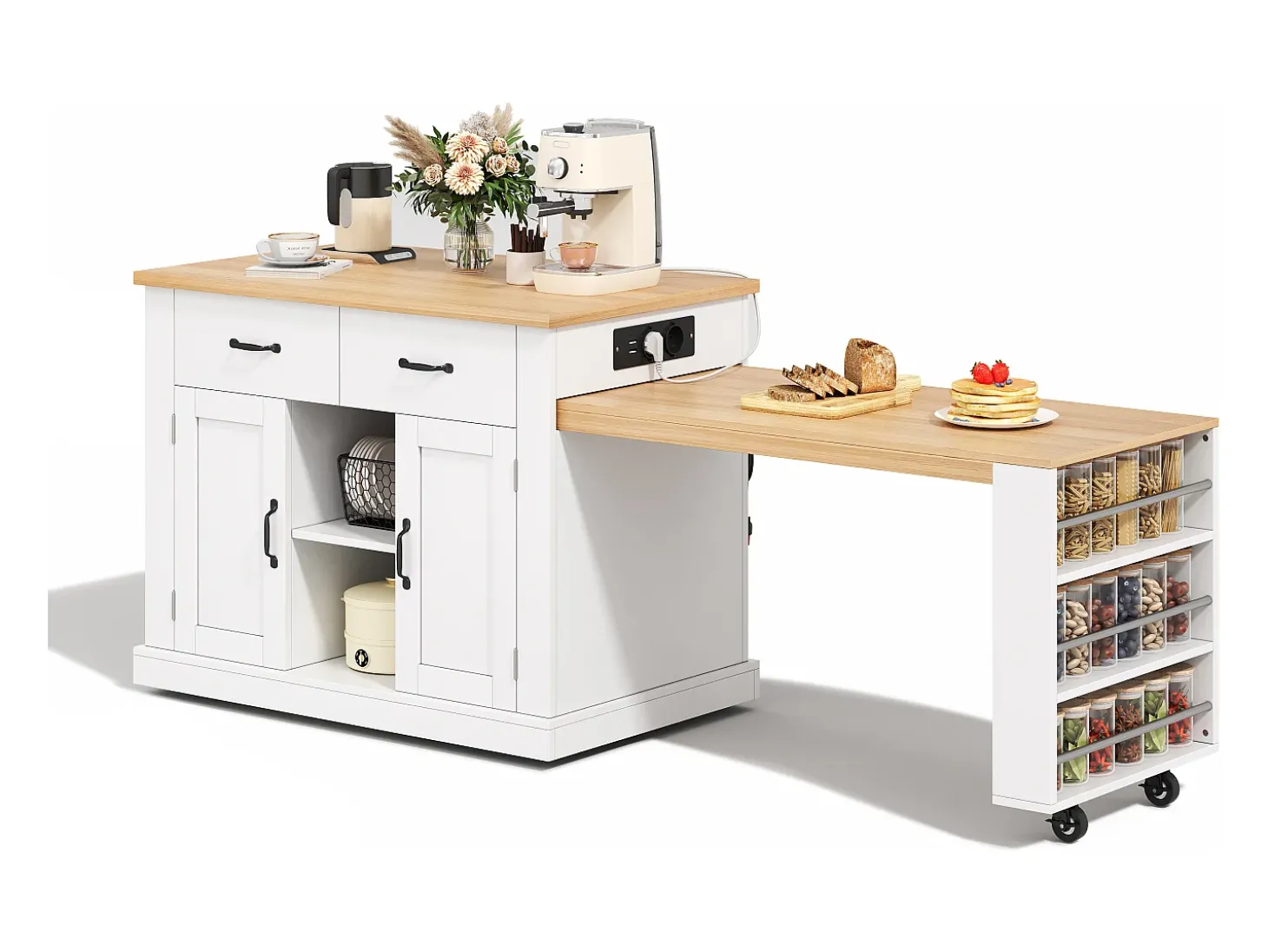 Ilha de cozinha central - mesa de jantar extensível - con tomada de corriente - con rodas e espaço de armazenamento - Natural + Branco