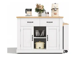 Ilha de cozinha central - mesa de jantar extensível - con tomada de corriente - con rodas e espaço de armazenamento - Natural + Branco