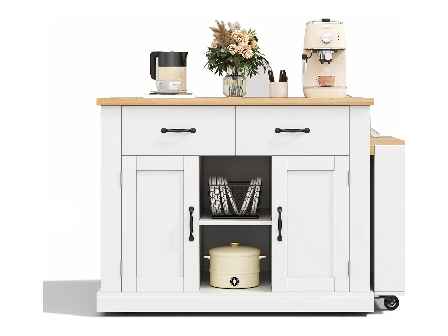 Ilha de cozinha central - mesa de jantar extensível - con tomada de corriente - con rodas e espaço de armazenamento - Natural + Branco
