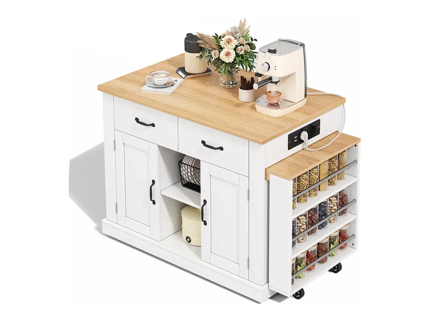 Ilha de cozinha central - mesa de jantar extensível - con tomada de corriente - con rodas e espaço de armazenamento - Natural + Branco
