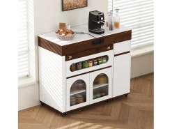 Ilha de cozinha central - mesa de jantar extensível - con tomada de corrente - con rodas e espaço de armazenamento - con gancho - Marrom+Branco