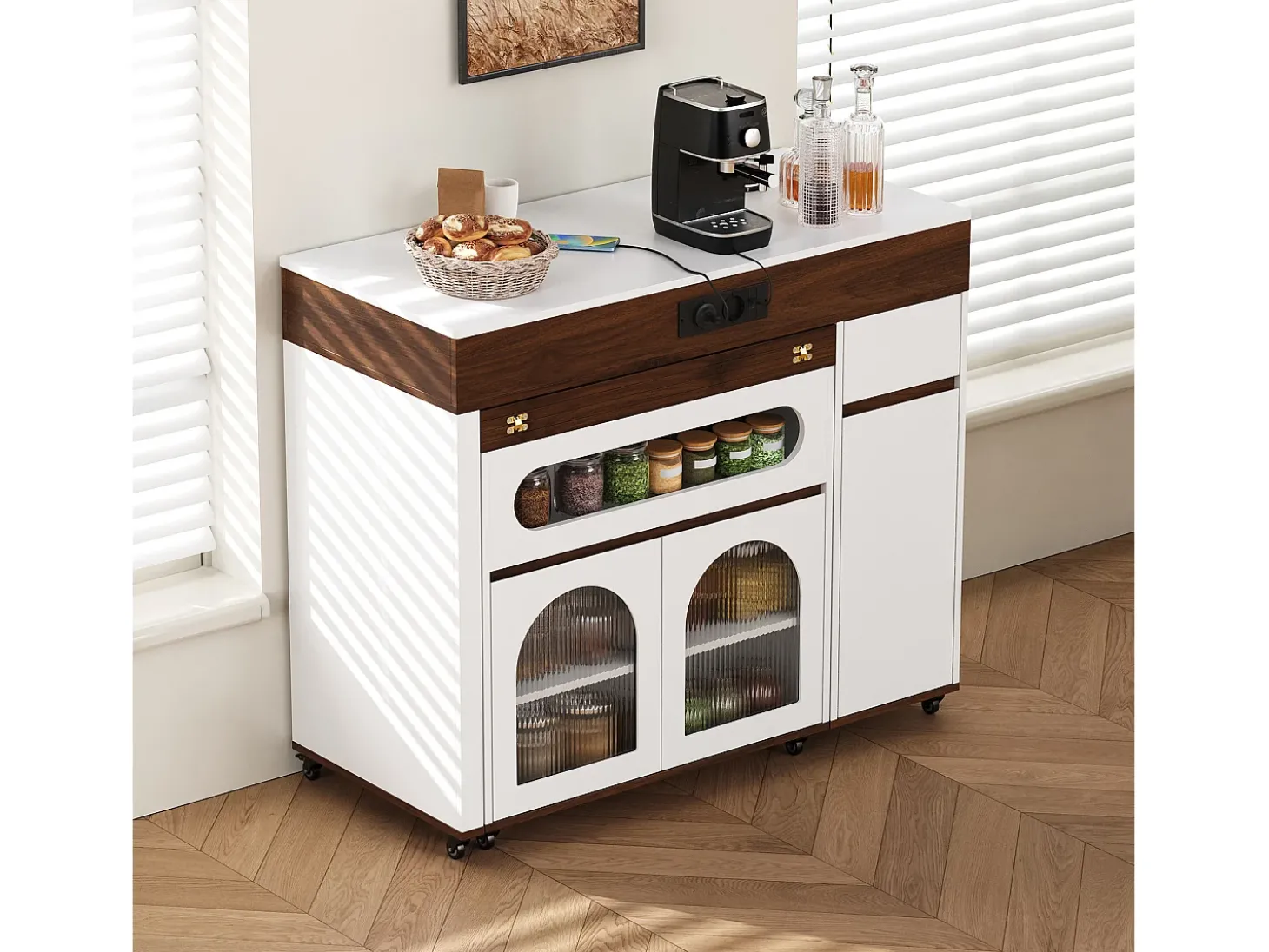 Ilha de cozinha central - mesa de jantar extensível - con tomada de corrente - con rodas e espaço de armazenamento - con gancho - Marrom+Branco