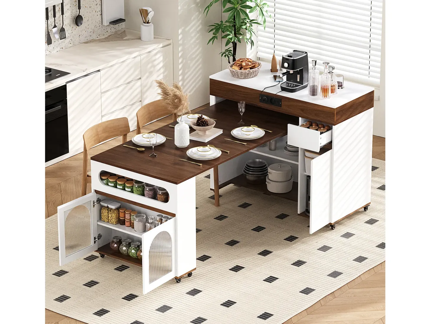Ilha de cozinha central - mesa de jantar extensível - con tomada de corrente - con rodas e espaço de armazenamento - con gancho - Marrom+Branco