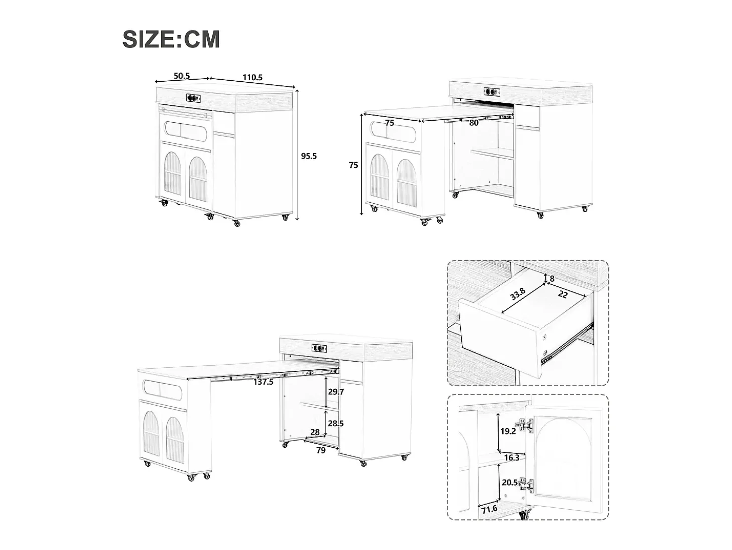 Ilha de cozinha central - mesa de jantar extensível - con tomada de corrente - con rodas e espaço de armazenamento - con gancho - Marrom+Branco