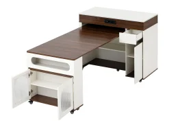 Ilha de cozinha central - mesa de jantar extensível - con tomada de corrente - con rodas e espaço de armazenamento - con gancho - Marrom+Branco