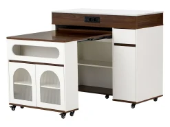 Ilha de cozinha central - mesa de jantar extensível - con tomada de corrente - con rodas e espaço de armazenamento - con gancho - Marrom+Branco