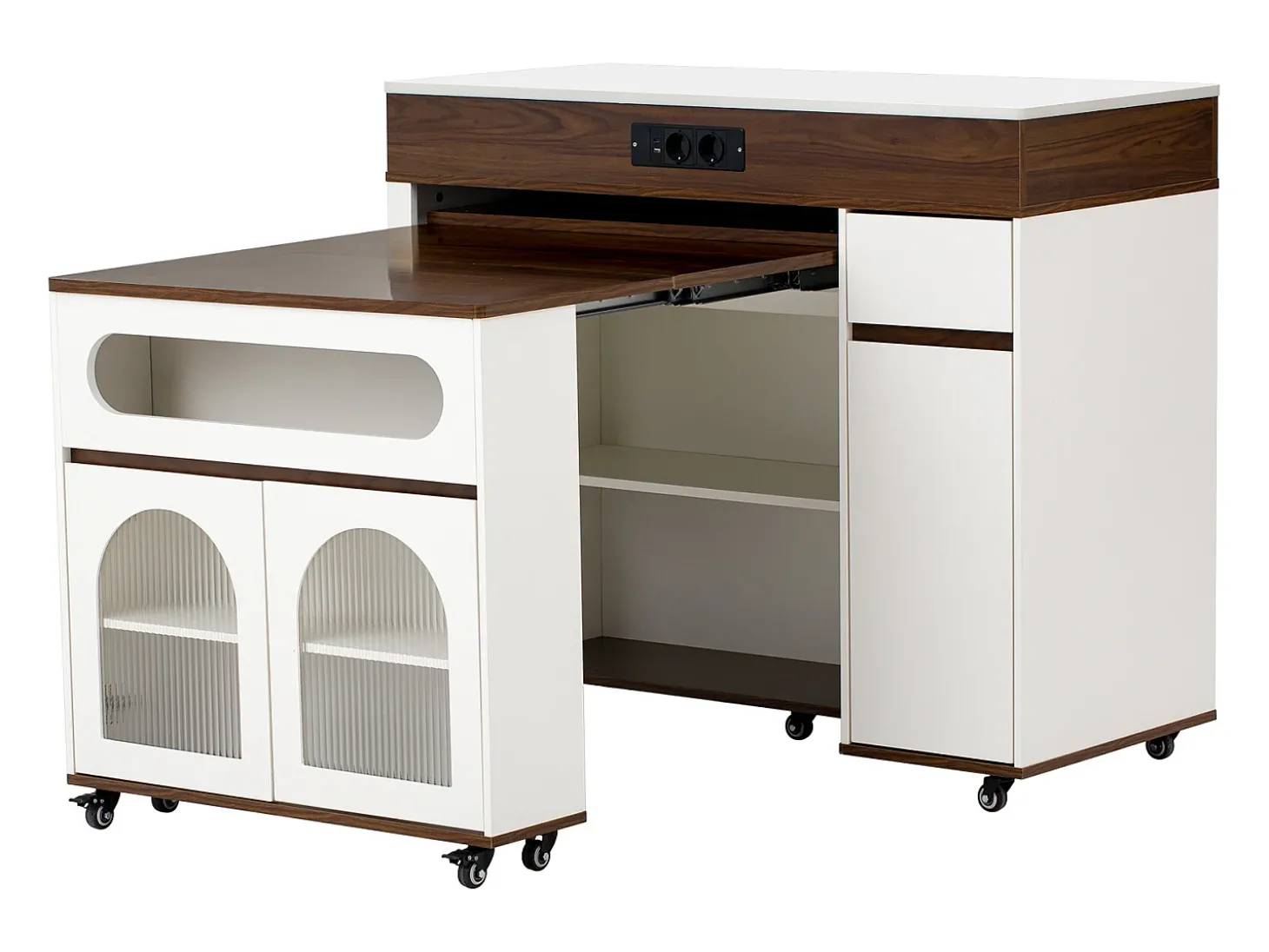 Ilha de cozinha central - mesa de jantar extensível - con tomada de corrente - con rodas e espaço de armazenamento - con gancho - Marrom+Branco