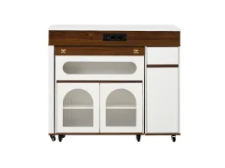 Ilha de cozinha central - mesa de jantar extensível - con tomada de corrente - con rodas e espaço de armazenamento - con gancho - Marrom+Branco
