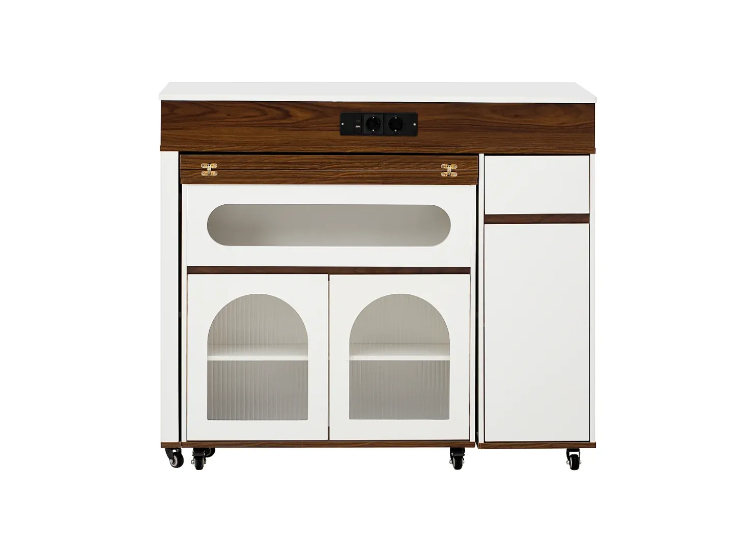 Ilha de cozinha central - mesa de jantar extensível - con tomada de corrente - con rodas e espaço de armazenamento - con gancho - Marrom+Branco