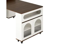 Ilha de cozinha central - mesa de jantar extensível - con tomada de corrente - con rodas e espaço de armazenamento - con gancho - Marrom+Branco