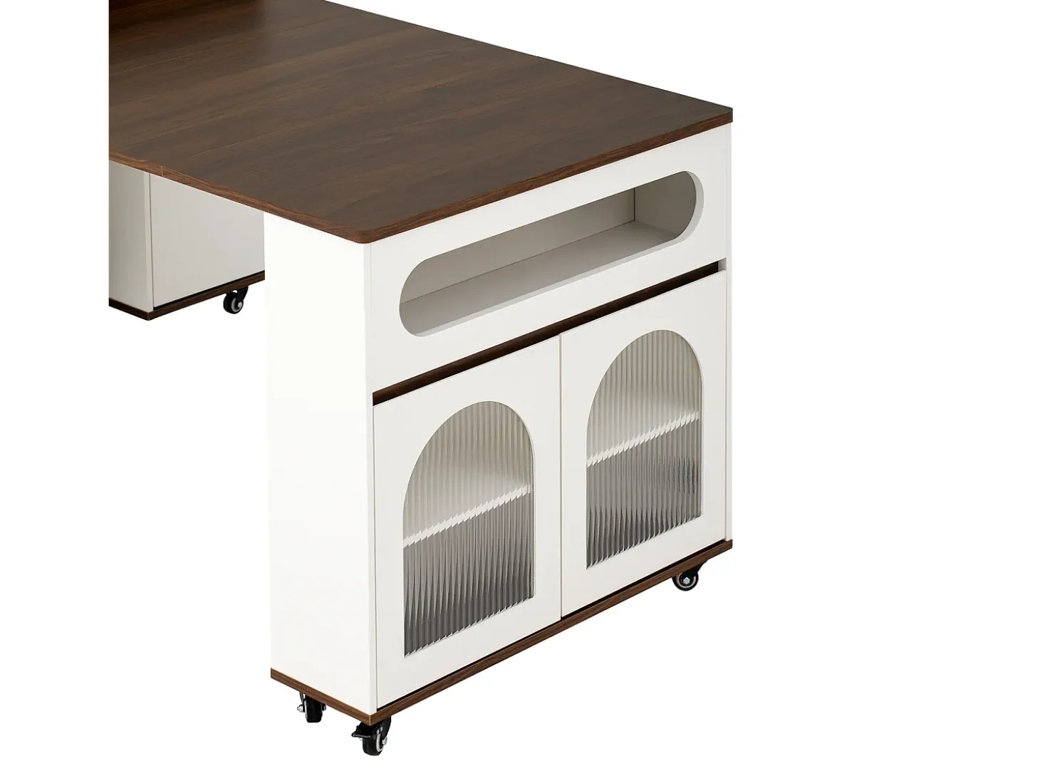 Ilha de cozinha central - mesa de jantar extensível - con tomada de corrente - con rodas e espaço de armazenamento - con gancho - Marrom+Branco