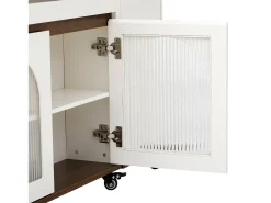 Ilha de cozinha central - mesa de jantar extensível - con tomada de corrente - con rodas e espaço de armazenamento - con gancho - Marrom+Branco