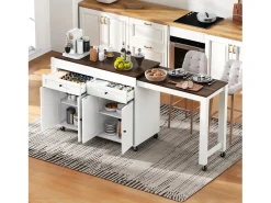 Ilha de cozinha central - com 4 portas e 2 gavetas - bancada extensível - com rodízios - 180,5×45×92,2 cm - Branco + Marrom