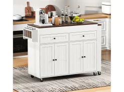Ilha de cozinha central - com 4 portas e 2 gavetas - bancada extensível - com rodízios - 180,5×45×92,2 cm - Branco + Marrom