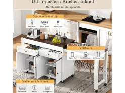 Ilha de cozinha central - com 4 portas e 2 gavetas - bancada extensível - com rodízios - 180,5×45×92,2 cm - Branco + Marrom