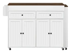 Ilha de cozinha central - com 4 portas e 2 gavetas - bancada extensível - com rodízios - 180,5×45×92,2 cm - Branco + Marrom