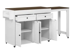 Ilha de cozinha central - com 4 portas e 2 gavetas - bancada extensível - com rodízios - 180,5×45×92,2 cm - Branco + Marrom