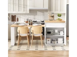 Ilha de cozinha central - mesa de jantar extensível - con iluminação LED - con tomada de corriente - con rodas e espaço de armazenamento - Natural + Branco